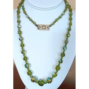 36" Vintage Green Crystal Aurora Borealis Bead Necklace Graduated Rhinestone Cla